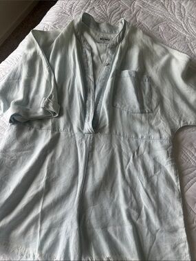 Show Me Your MuMu soft chambray Short Sleeve Button-Down romper with frayed edg